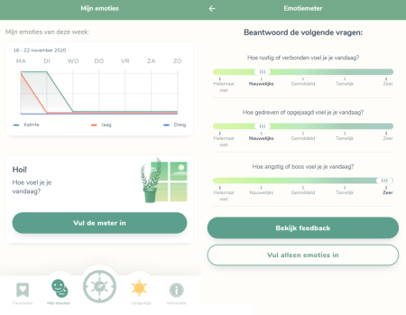 Twee screenshots uit de app Compas-Y. Links een grafiek met eerder ingevulde emoties. Rechts drie slidervragen over emoties.