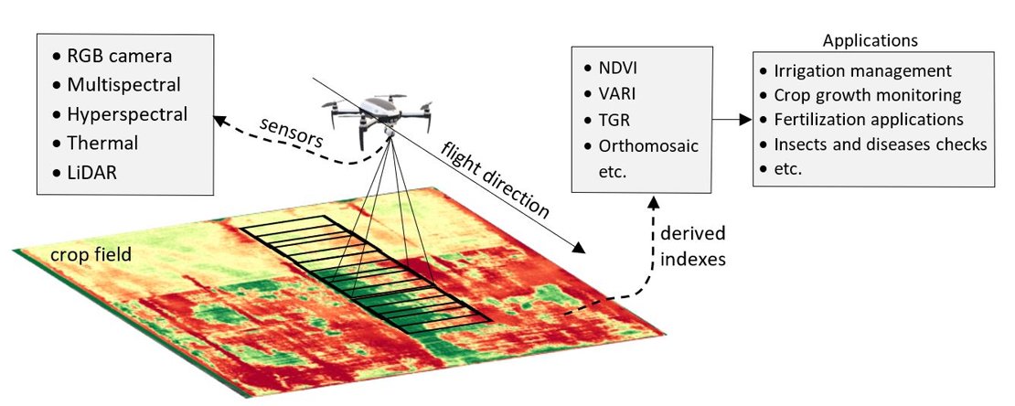 A visualization of the use of UAVs in smart agriculture.