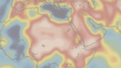 section of a world map. colour relates to the depth of 450C geotherm