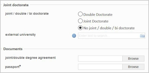 Screenshot of the part of the screen showing the joint doctorate fields