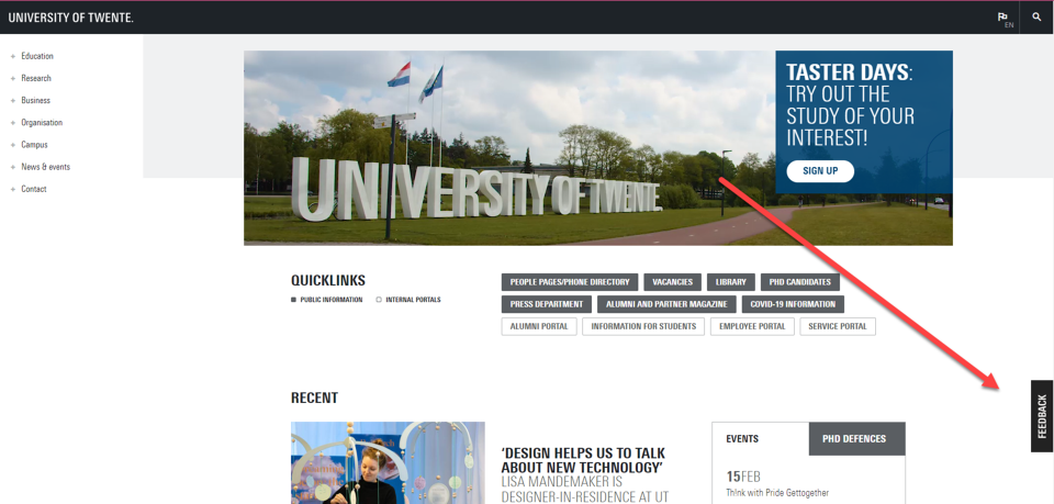 Website screenshot of utwente.nl showing where the feedback flag is located