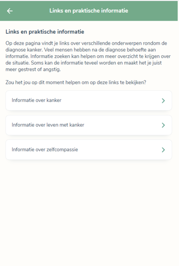 Screenshot van de app Compas-Y met de titel: Links en praktische informatie. Drie knoppen/subpagina's: Informatie over kanker; Informatie over leven met kanker; Informatie over zelfcomapssie