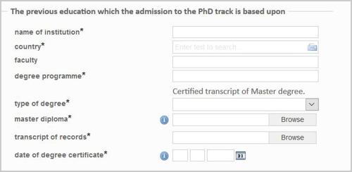 Screenshot of the part of the screen showing the previous education fields
