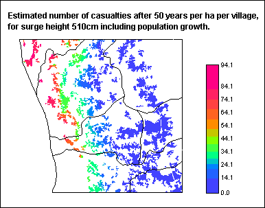 Estimated number of casualties after 50y for surge height 510cm